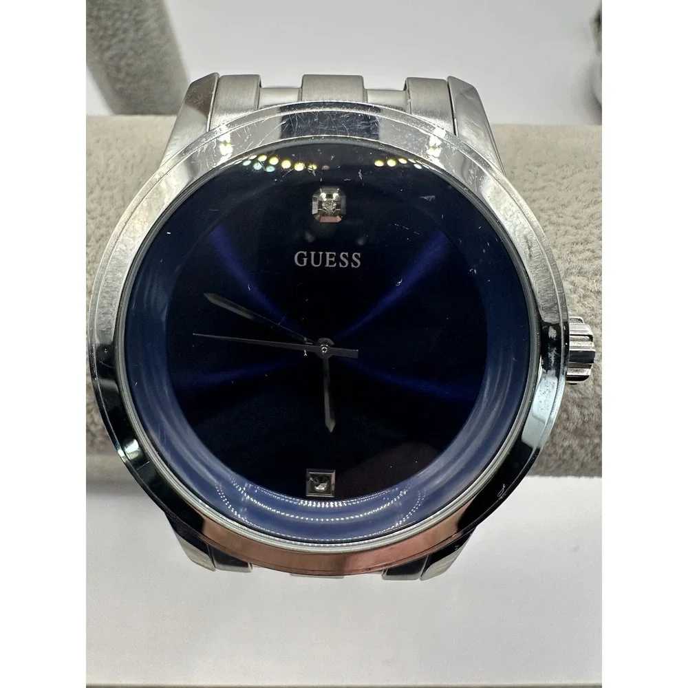 Guess Steel Watch Men U11576G2 Silver Tone Round Blue Dial 44mm New Battery 7